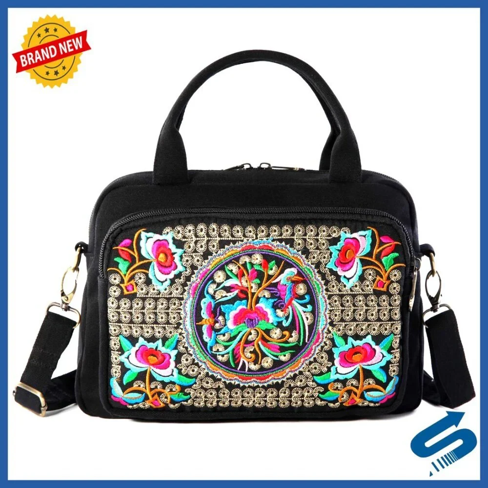 Embroidered Canvas Crossbody Bag Top Handle Chic Boho Casual Multiple Pockets